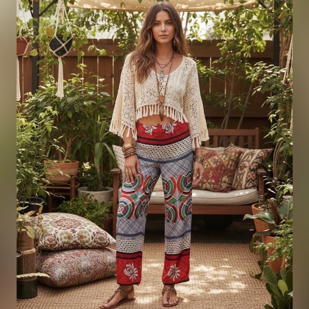 NWOT Silk Geometric Pattern Palazzo Wrap Pants